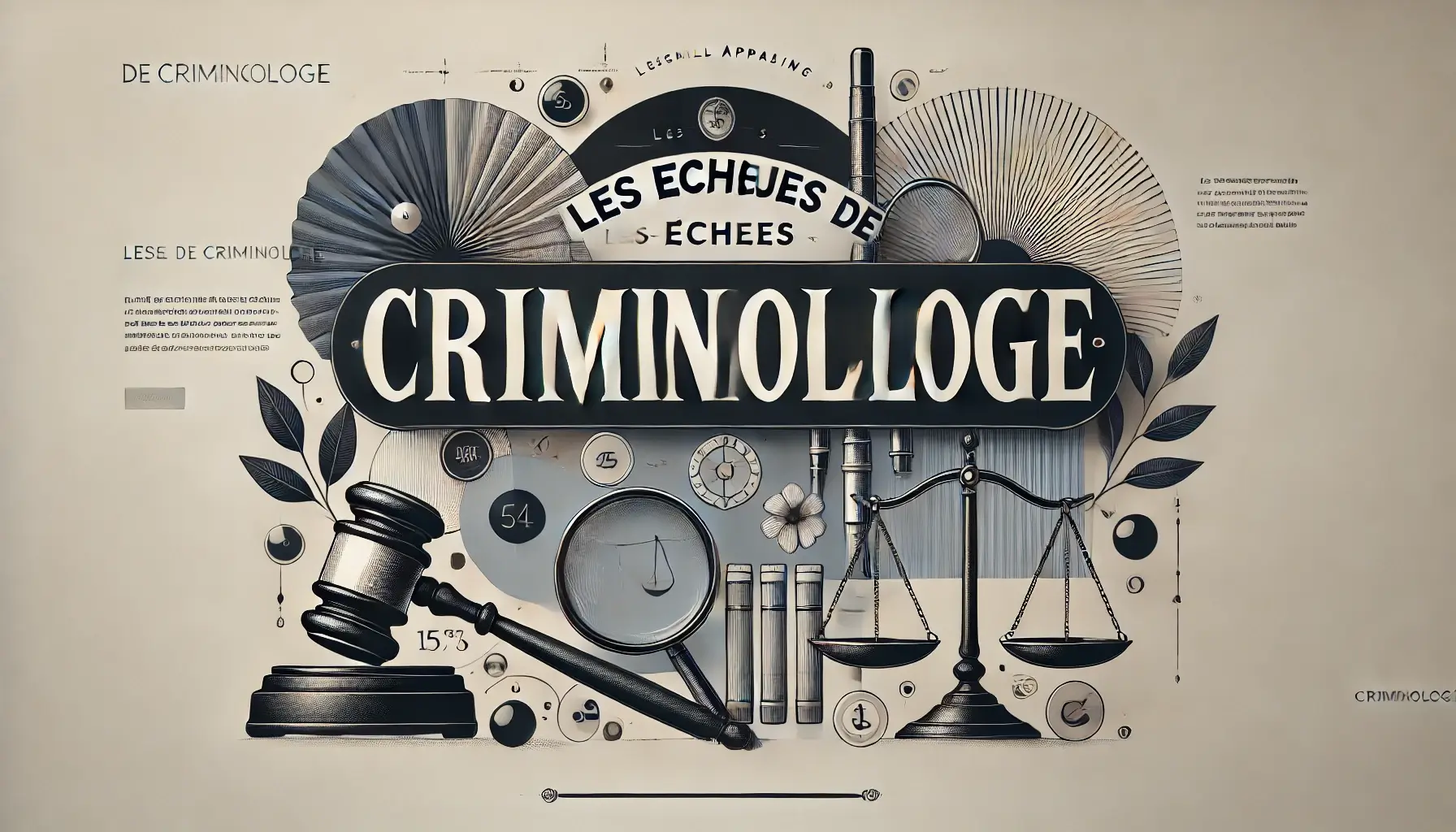 Bannière horizontale avec le texte "Les Écoles de Criminologie" en typographie élégante. En arrière-plan, des éléments abstraits comme un marteau de juge, des balances de justice et une loupe, symbolisant la criminologie. Les couleurs dominantes sont le bleu marine, le gris et le blanc.